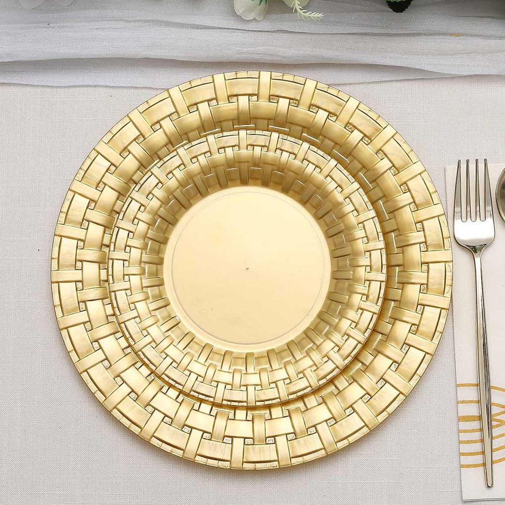 10 Pack 7" Gold Basketweave Rim Plastic Salad Dessert Plates, Round Disposable Appetizer Plates