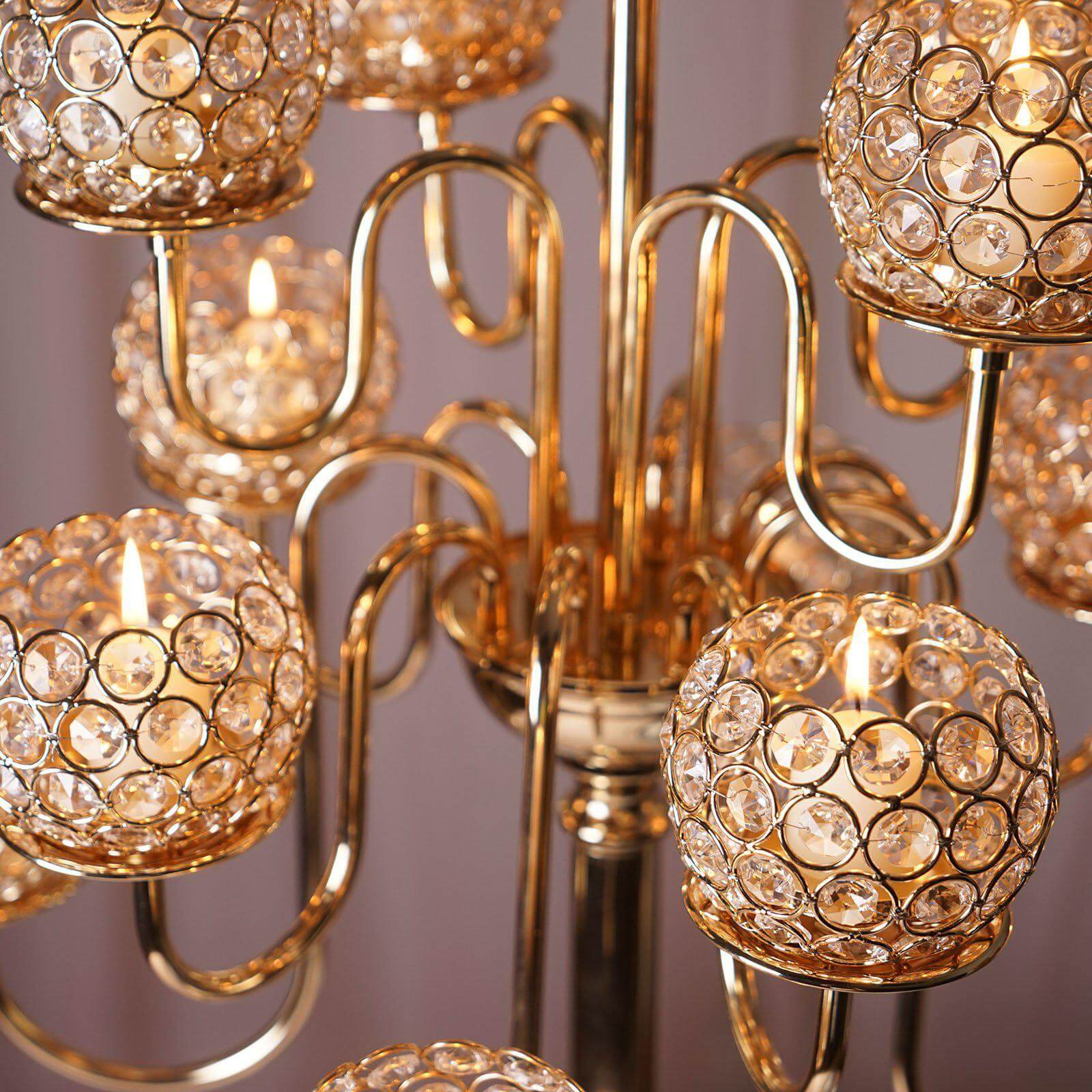 Metal Crystal Beaded Candelabra Gold 13 Arm Design - Table Centerpiece for Events 40"