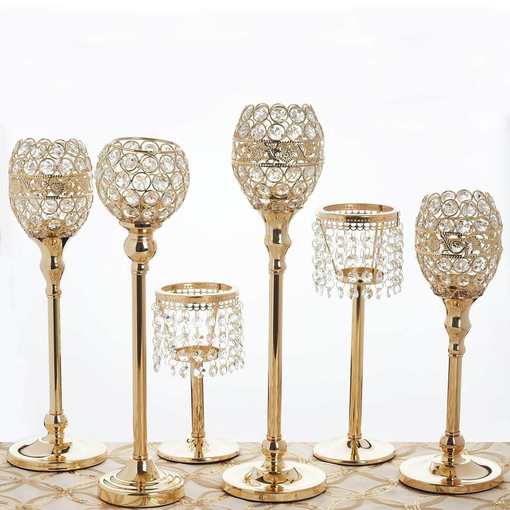 Crystal Beaded Chandelier Metal Candle Holder Gold - Sophisticated Pillar Tealight Stand 12"