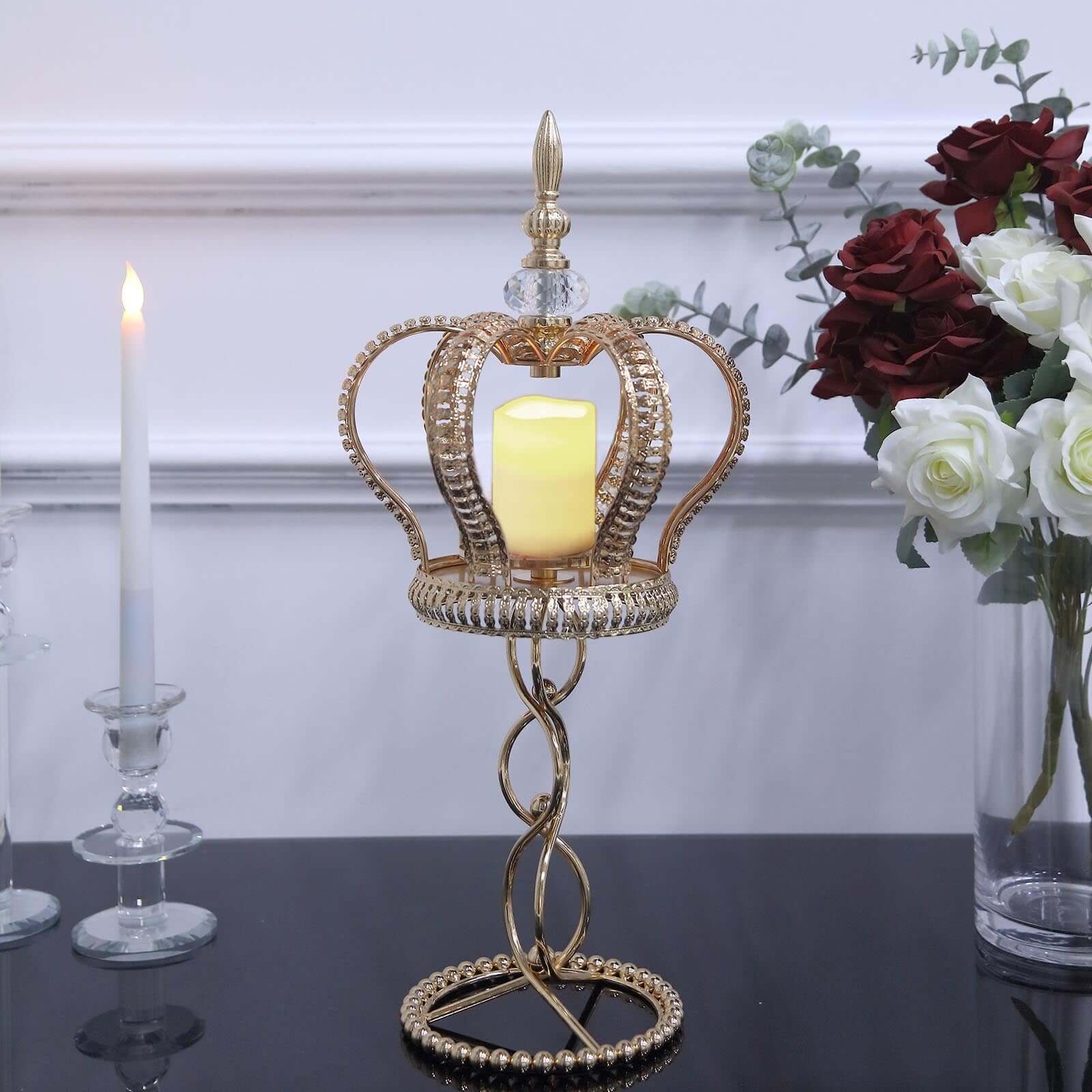 Metal Crown Spiral Pillar Candle Holder Stand Gold - Jeweled Votive Candle Centerpiece 18"