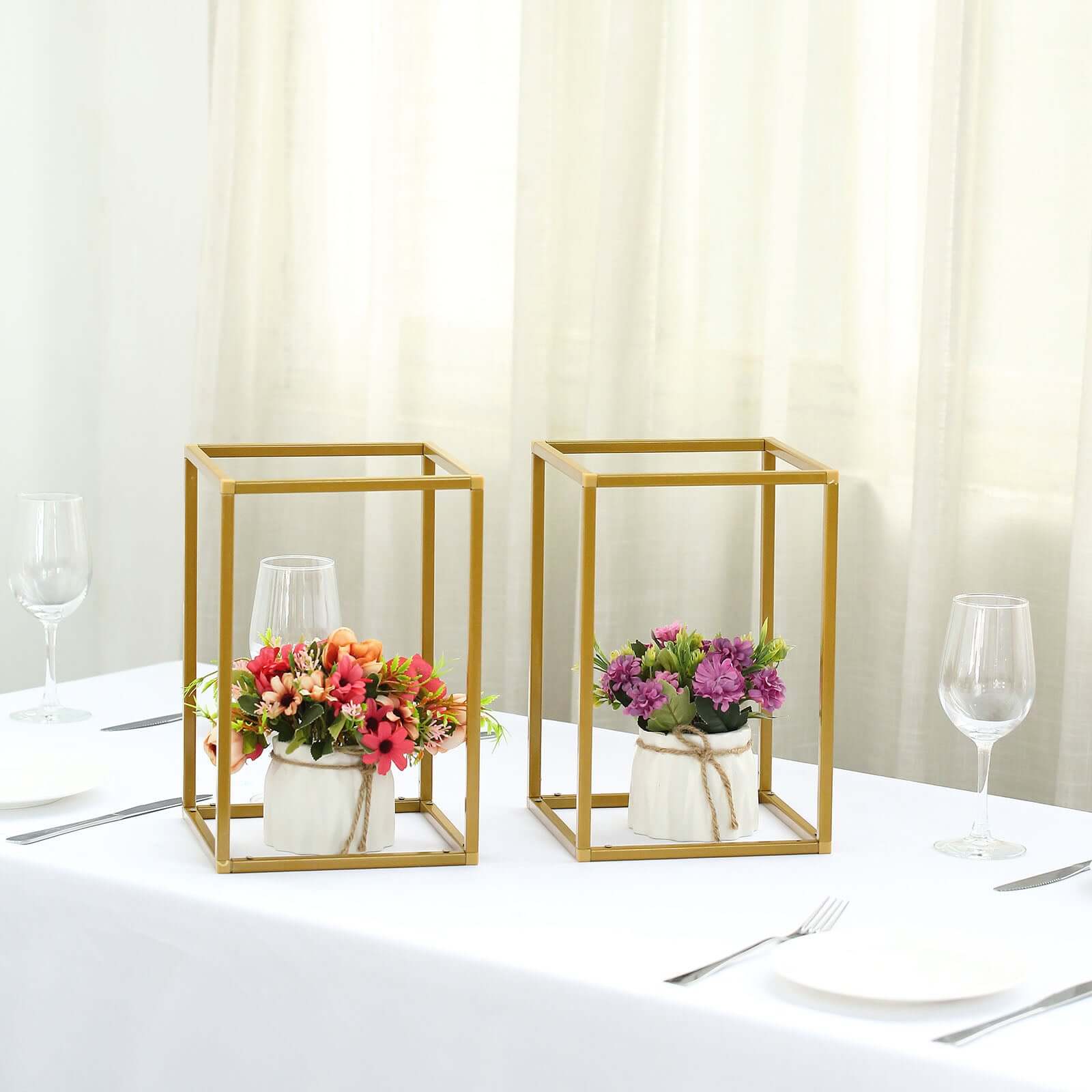2-Pack Wedding Flower Stand Gold Metal Geometric Column Frame Rectangular - Versatile Floral Pedestal for Sophisticated Arrangements 12"