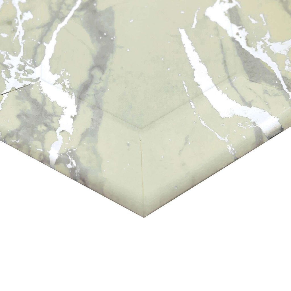 25-Pack Paper 8.5" Hexagon Dessert Plates in Ivory with Silver Marble Design - Disposable Geometric 400GSM Appetizer Salad Plates for Events & Banquets