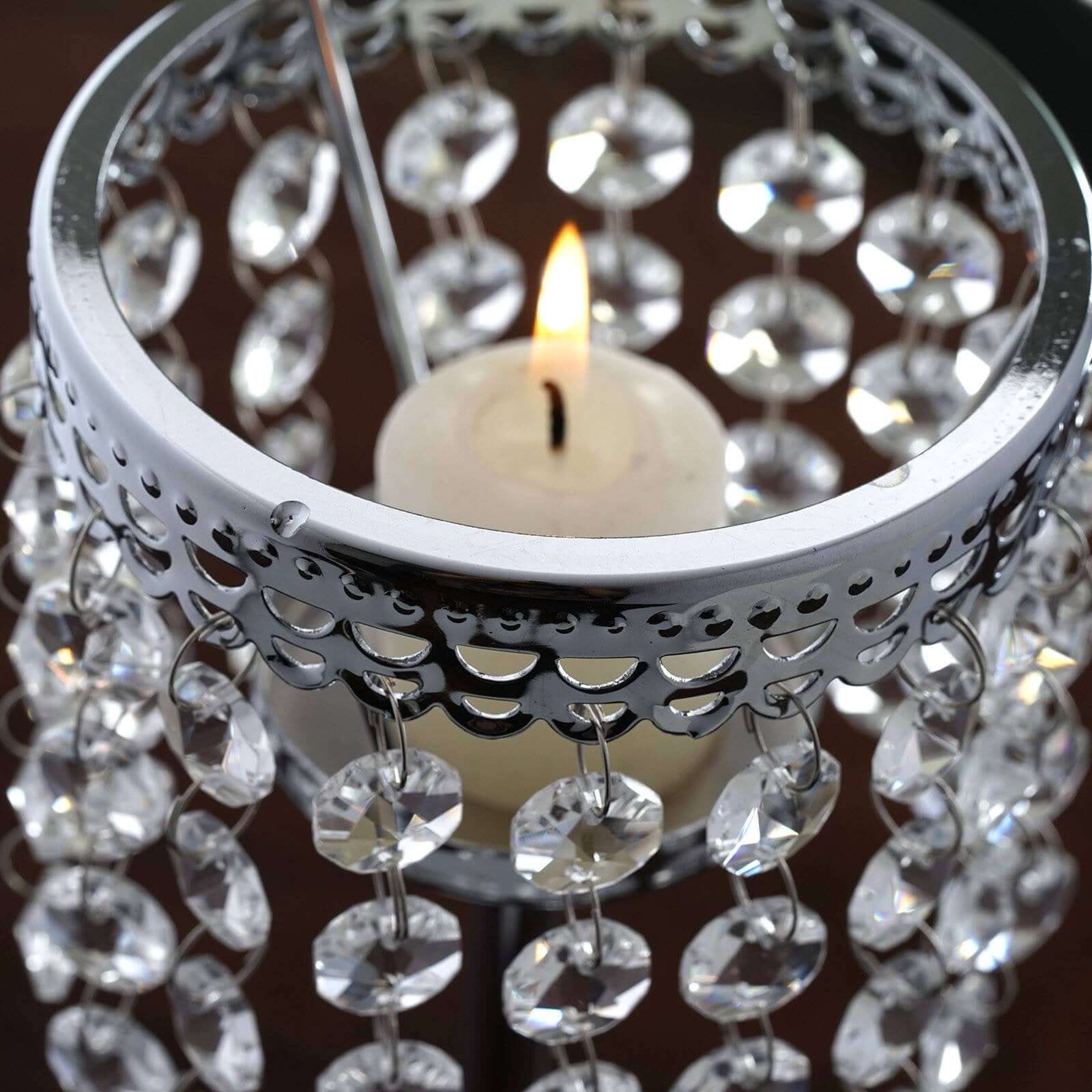 Crystal Beaded Chandelier Metal Candle Holder Silver - Sophisticated Pillar Tealight Stand 12"