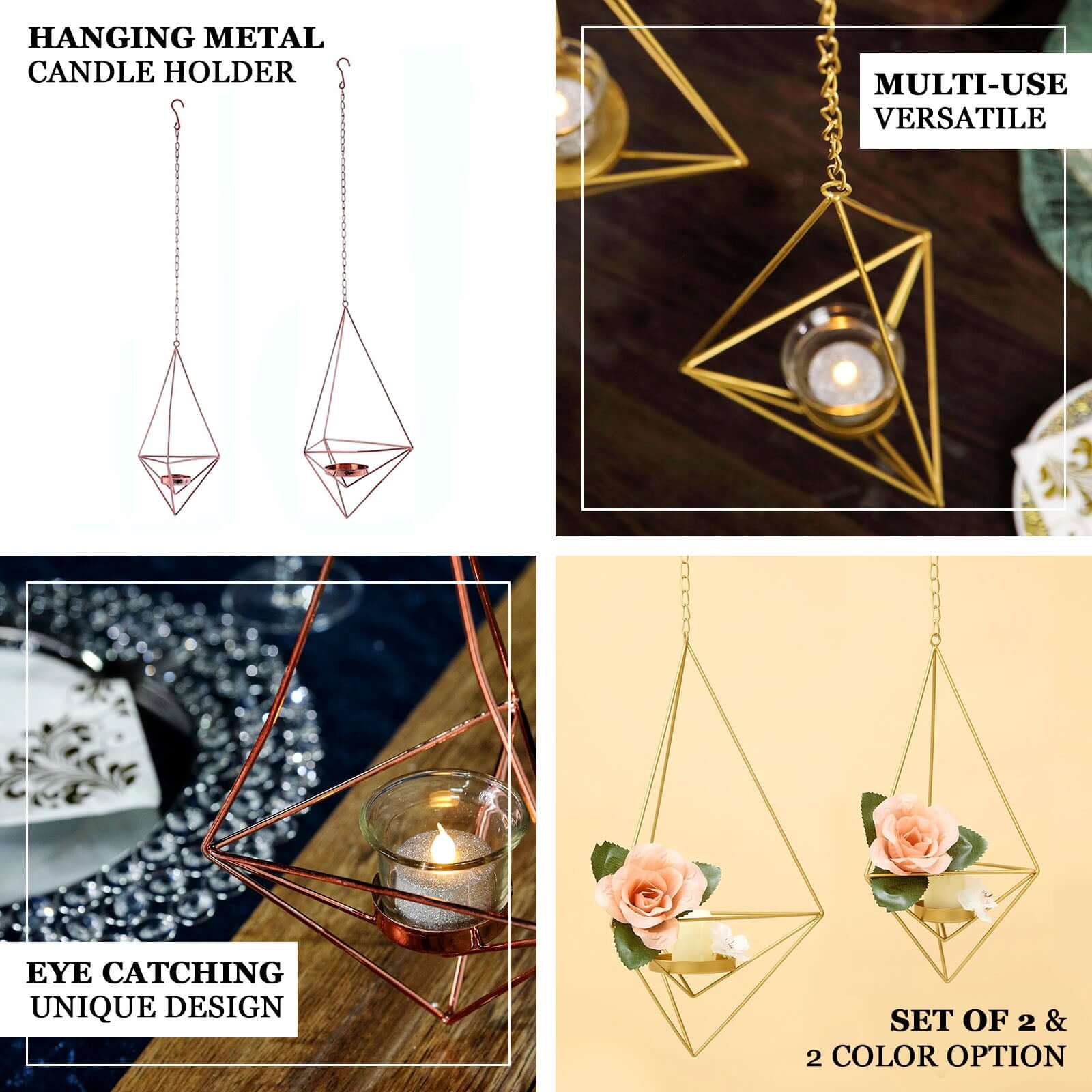 Set of 2 Hanging Tealight Candle Holders Rose Gold Metal Diamond Geometric Open Frame - Flower Terrariums 12", 15"