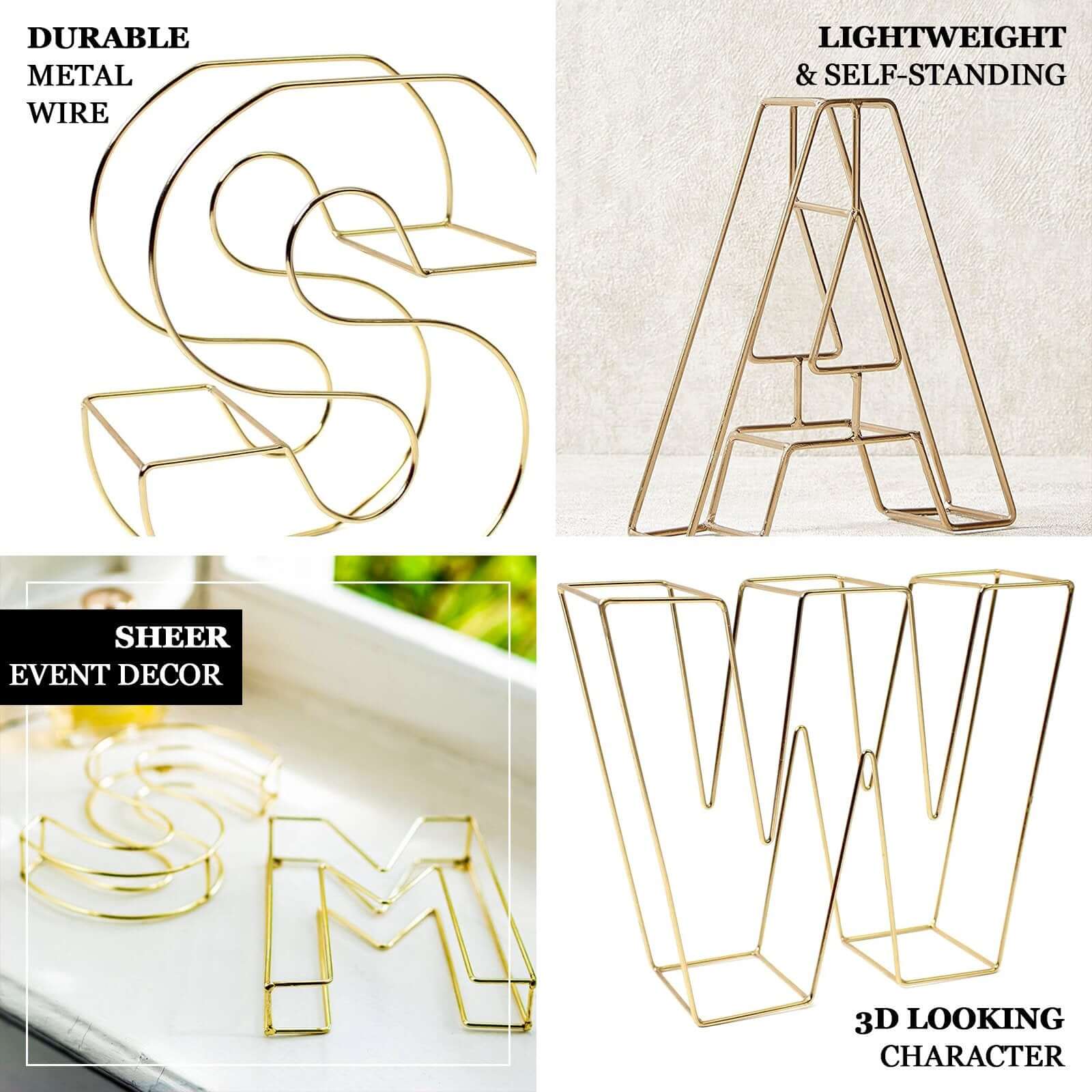 8" Tall Gold Freestanding 3D Decorative Wire Letter, Wedding Centerpiece - Z