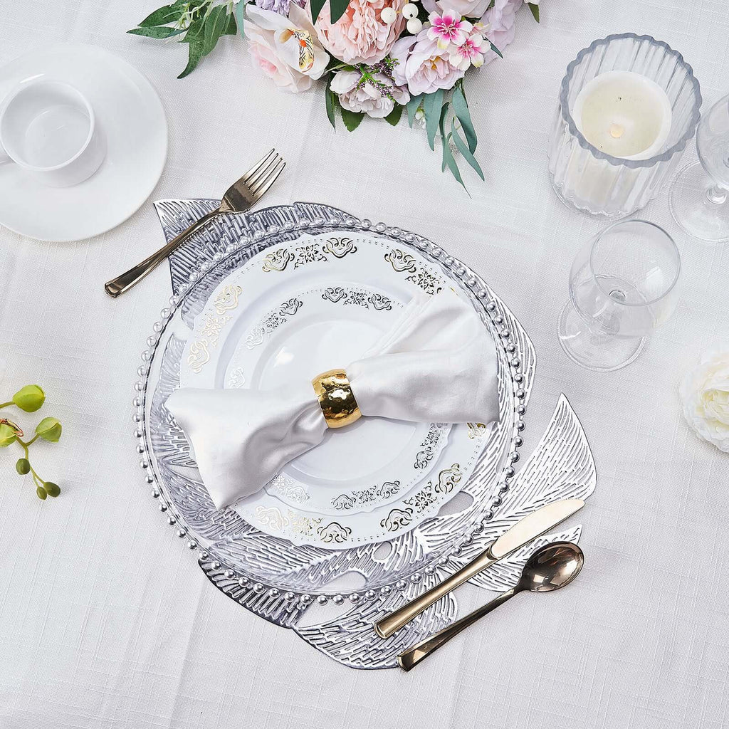 6-Pack Dining Table Mats Monstera Leaf Design Silver - Vinyl Non-Slip Surface for Tropical Themes 18"