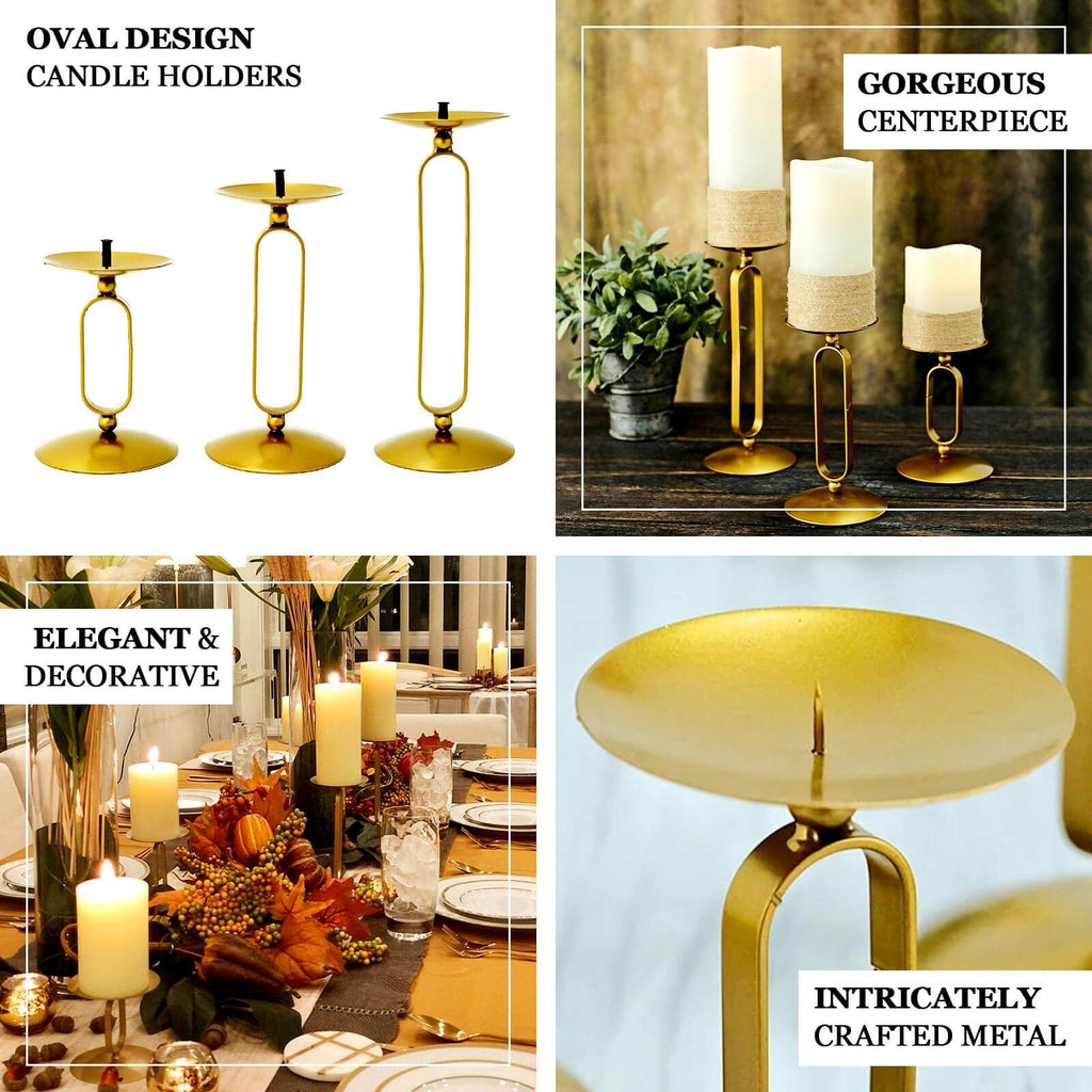 Set of 3 Pillar Candle Holders Gold Metal Geometric Oval Frame Design - Modern Centerpiece Assorted Sizes