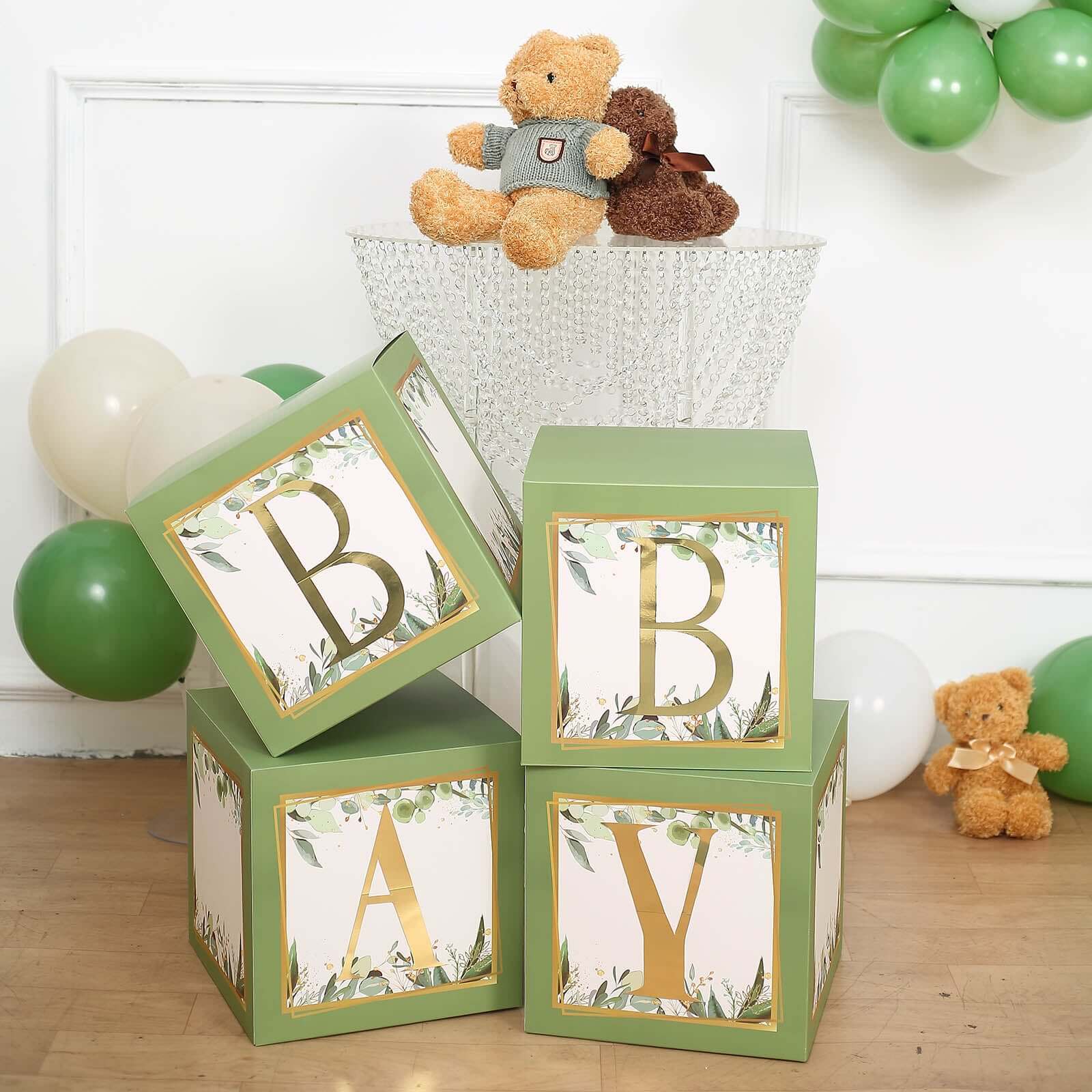 4 Pack Green Foliage Leaves Boho Design DIY Prop Balloon Boxes, Gender Neutral Baby Shower Party Decorations