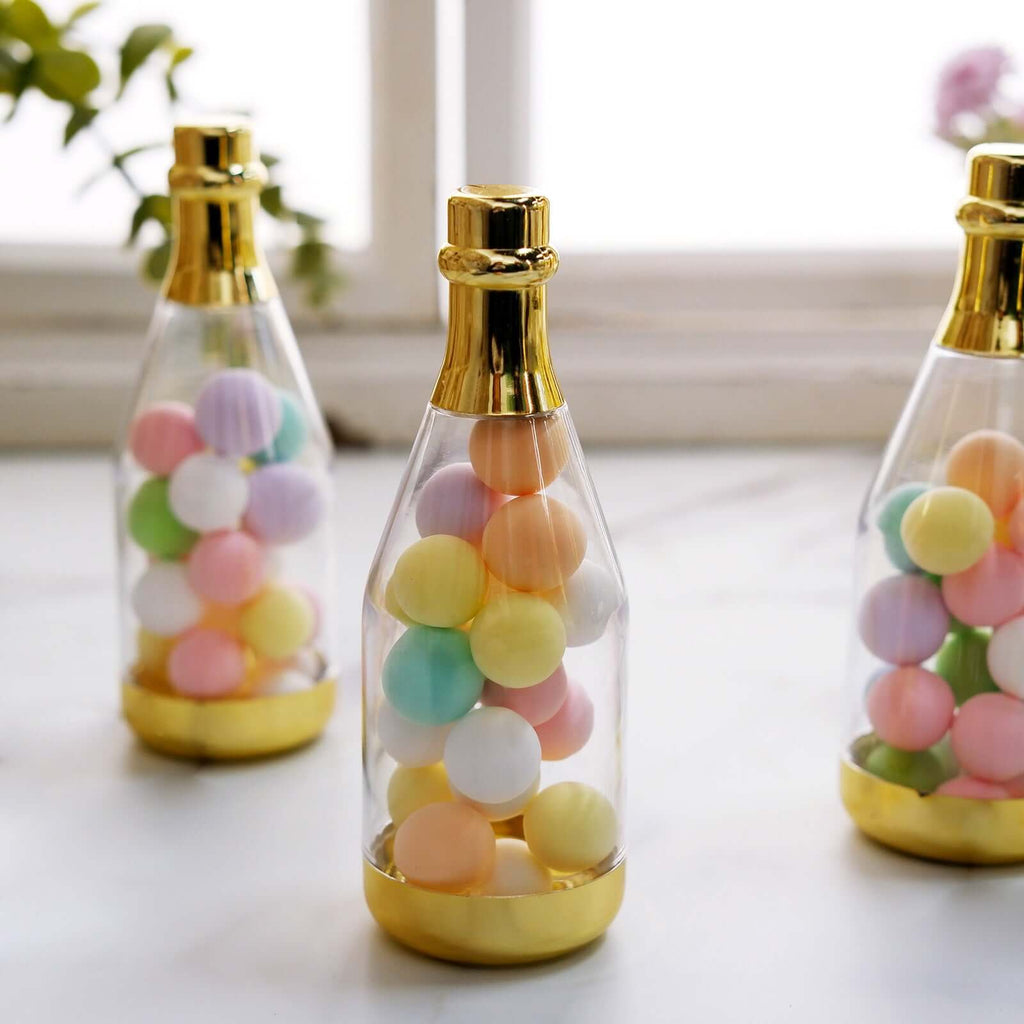 12-Pack Fillable Mini Champagne Bottle Candy Container Clear Gold - Unique Candy Treat Favor Containers 6"