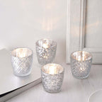 6-Pack Mercury Glass Votive Candle Holders Metallic Silver with Assorted Geometric Designs - Tealight Holders 3"