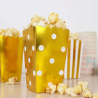 36 Pack 5" White Gold Design Mini Paper Popcorn Boxes, Candy Favor Disposable Bags - Stripe, Polka Dot, Solid Style