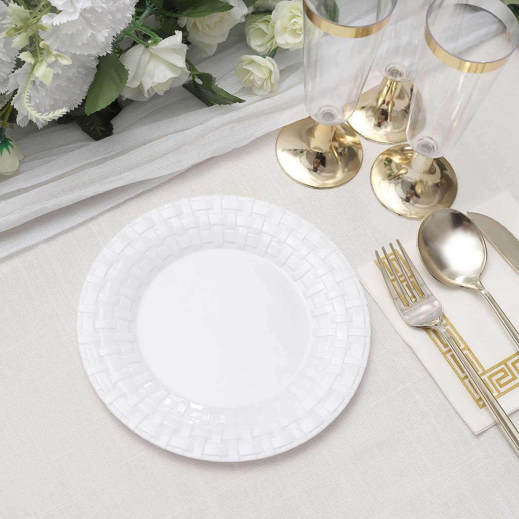 10 Pack 7" White Basketweave Rim Plastic Salad Dessert Plates, Round Disposable Appetizer Plates