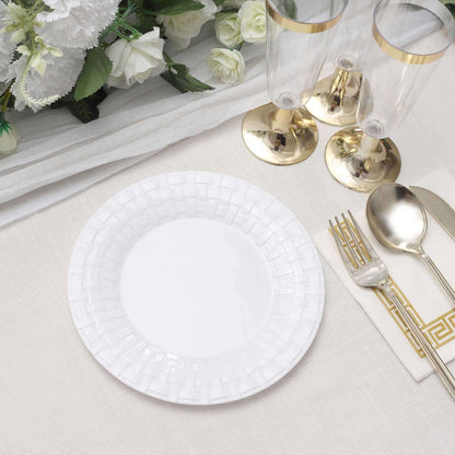 10 Pack 7" White Basketweave Rim Plastic Salad Dessert Plates, Round Disposable Appetizer Plates