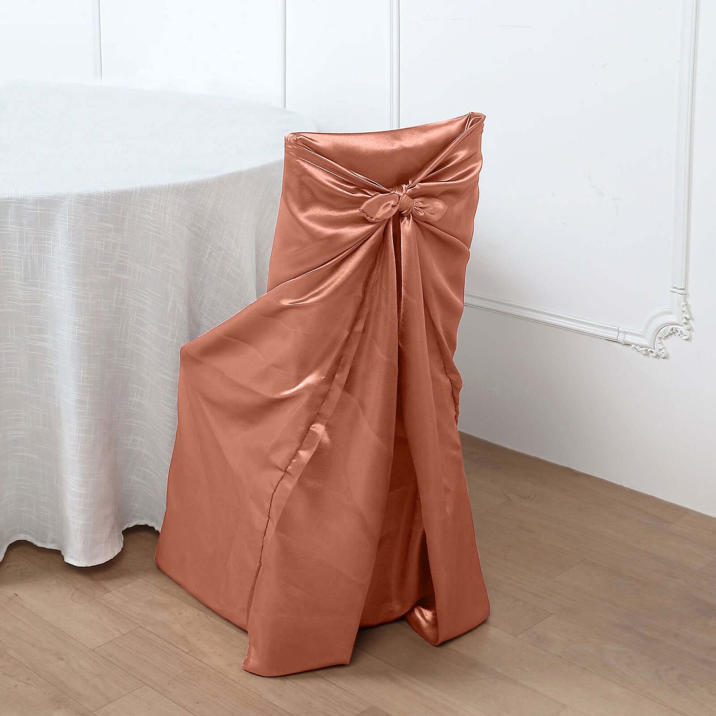 Satin Chair Cover Self-Tie Universal Design Terracotta (Rust) - Durable Slip-On Cover for Folding, Dining, Banquet & Standard Chairs