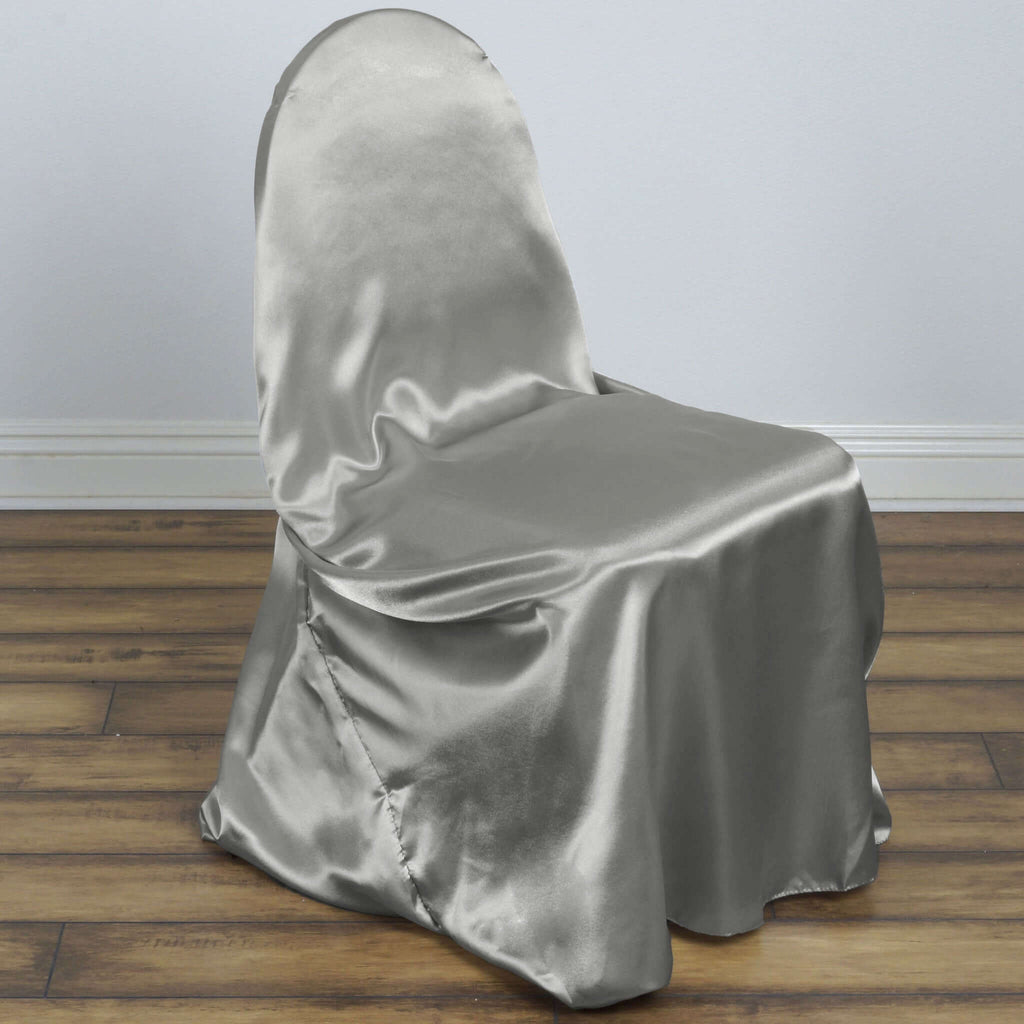 Satin Chair Cover Self-Tie Universal Design Silver - Durable Slip-On Cover for Folding, Dining, Banquet & Standard Chairs