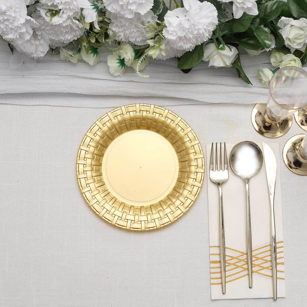 10 Pack 7" Gold Basketweave Rim Plastic Salad Dessert Plates, Round Disposable Appetizer Plates