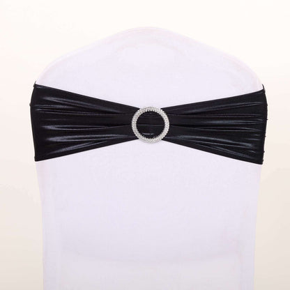 5 Pack Metallic Spandex Chair Sashes Black - Stretch Fit Chair Bands With Round Diamond Buckles for Glamorous Event Decor