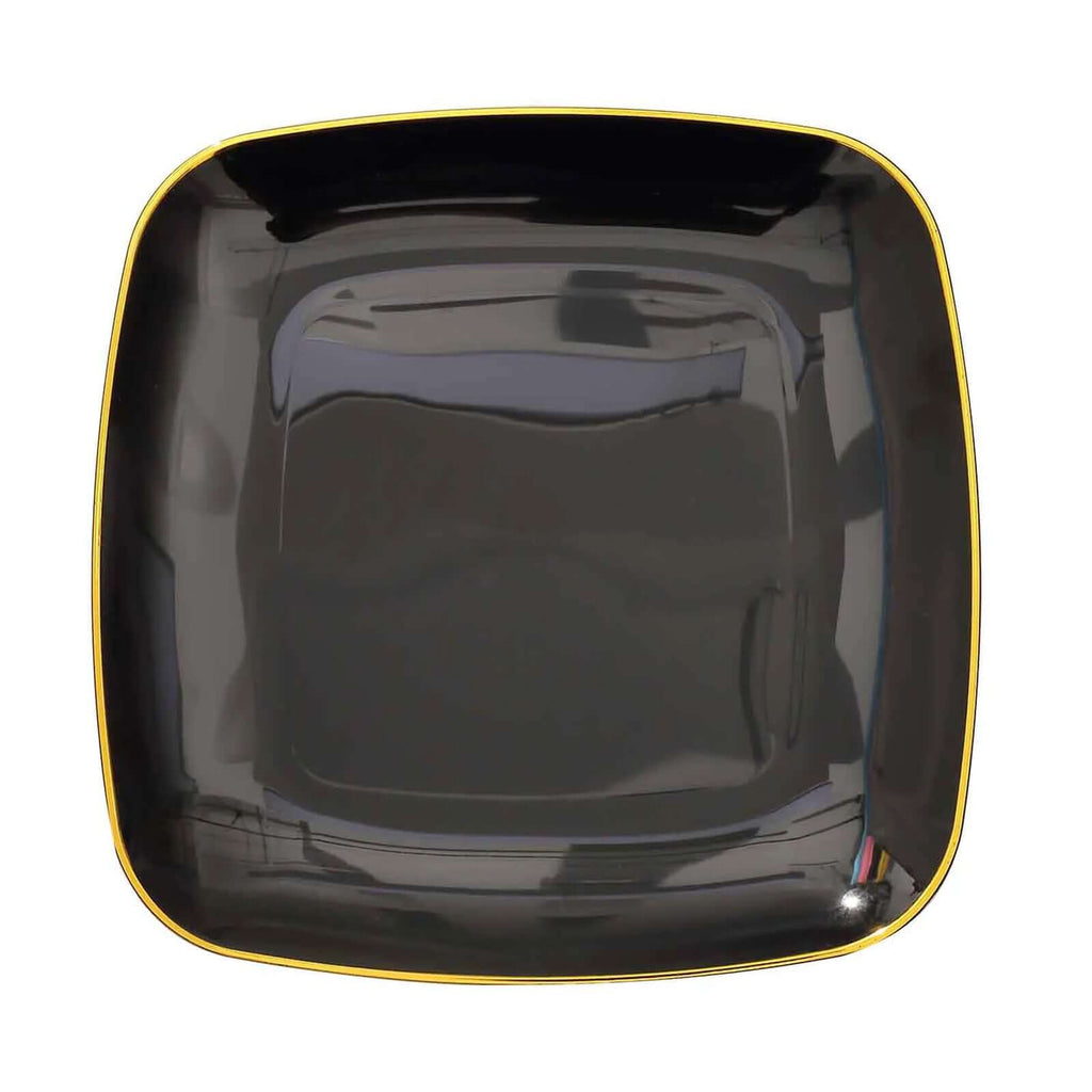 10-Pack Plastic 10" Square Dinner Plates in Black with Gold Rim - Classy Disposable Lunch Party Plates