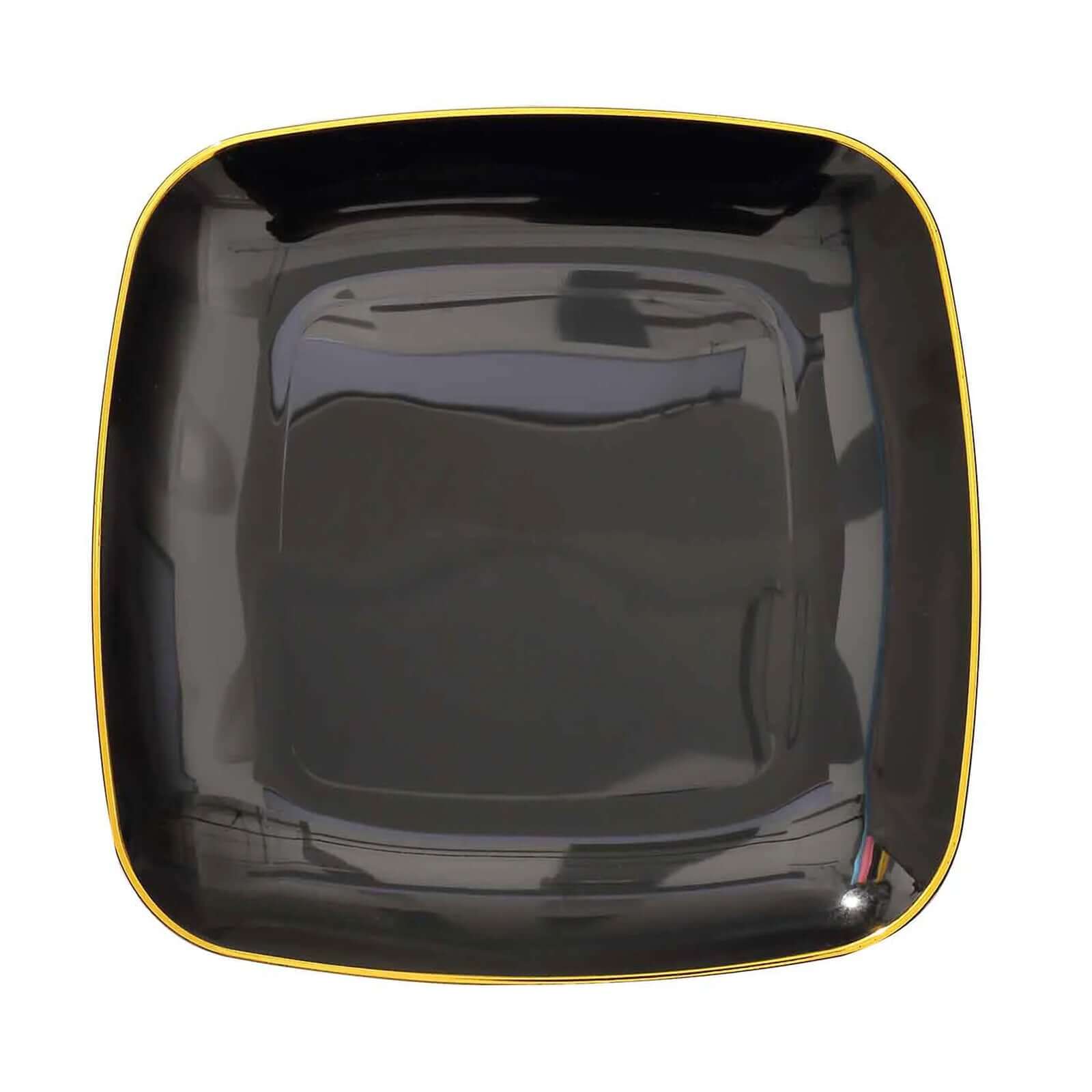 10-Pack Plastic 10" Square Dinner Plates in Black with Gold Rim - Classy Disposable Lunch Party Plates