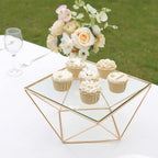 Metal Cake Stand Geometric Pedestal Riser Design Gold with Square Glass Top - Display Centerpiece 12"
