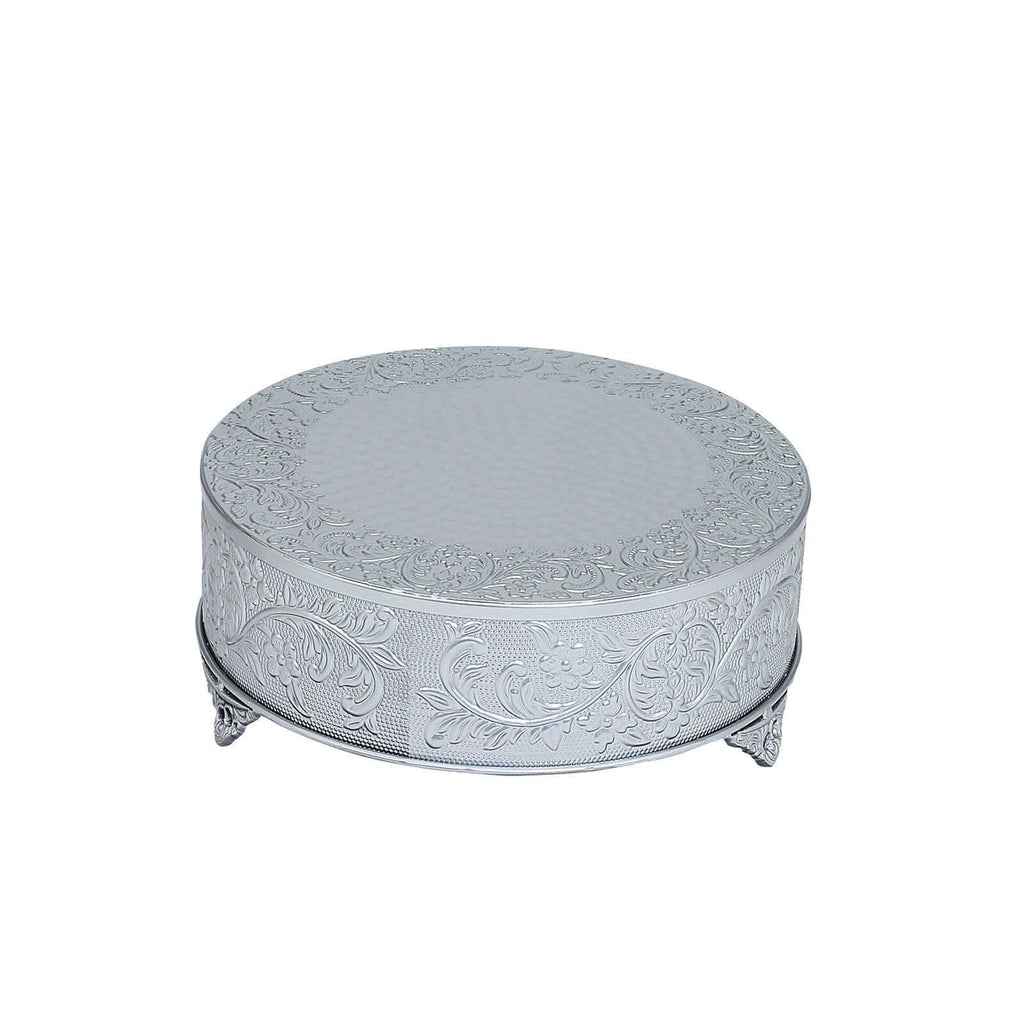 Metal 14" Round Cake Pedestal Stand Matte Silver - Cupcake Dessert Display Riser with Intricate Embossed Design for Upscale Events & Gatherings
