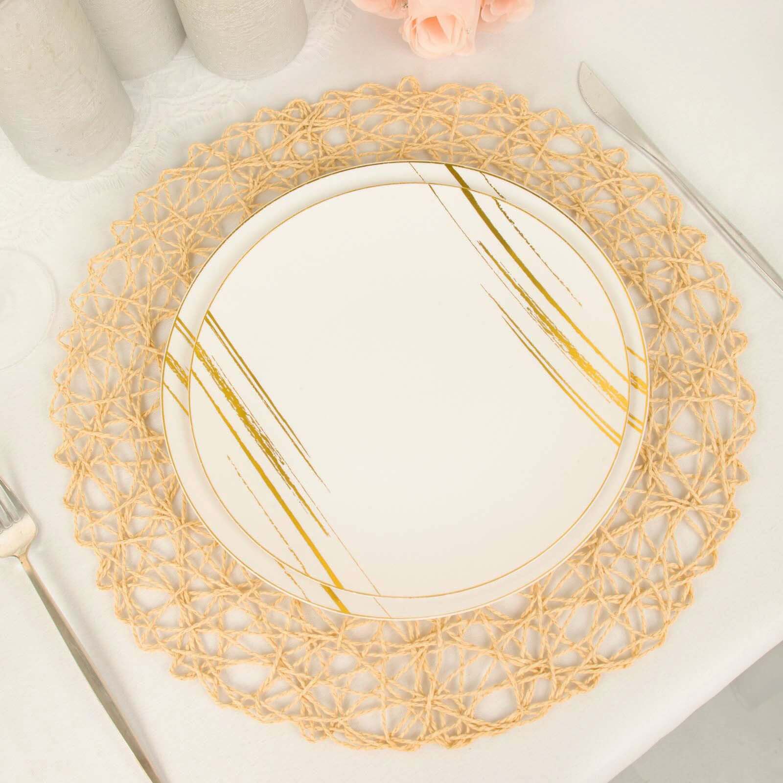 6-Pack Table Placemats Woven Fiber Design Beige Round - Disposable Mats for Dining and Events 15"
