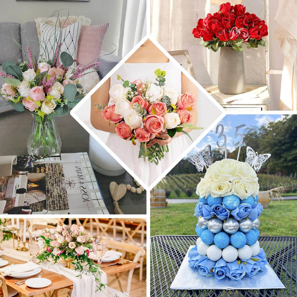 3 Pack 13" White Real Touch Silk Rose Bud Flower Bridal Bouquets, Artificial Floral Bush Arrangements