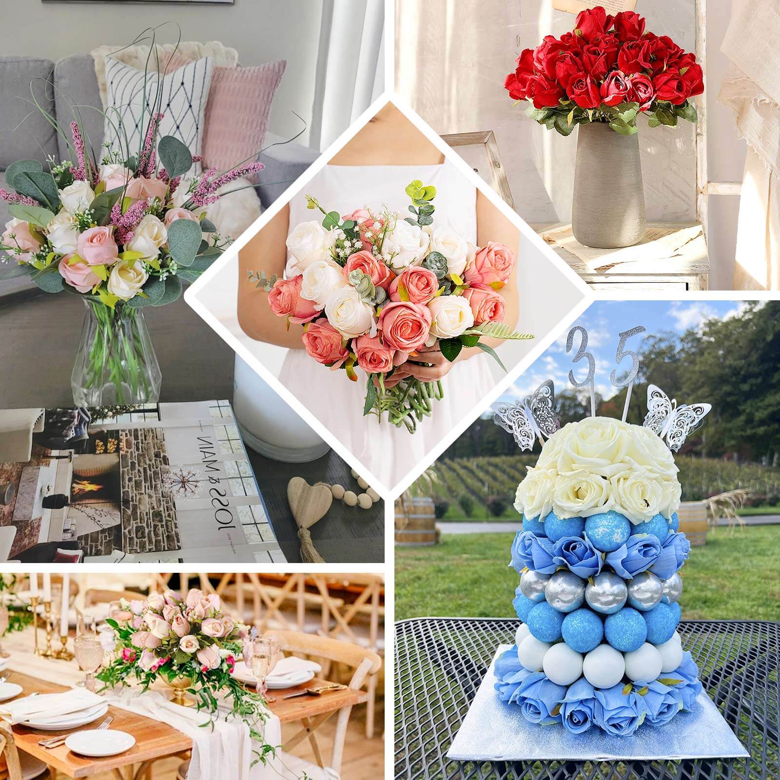 3 Pack 13" White Real Touch Silk Rose Bud Flower Bridal Bouquets, Artificial Floral Bush Arrangements