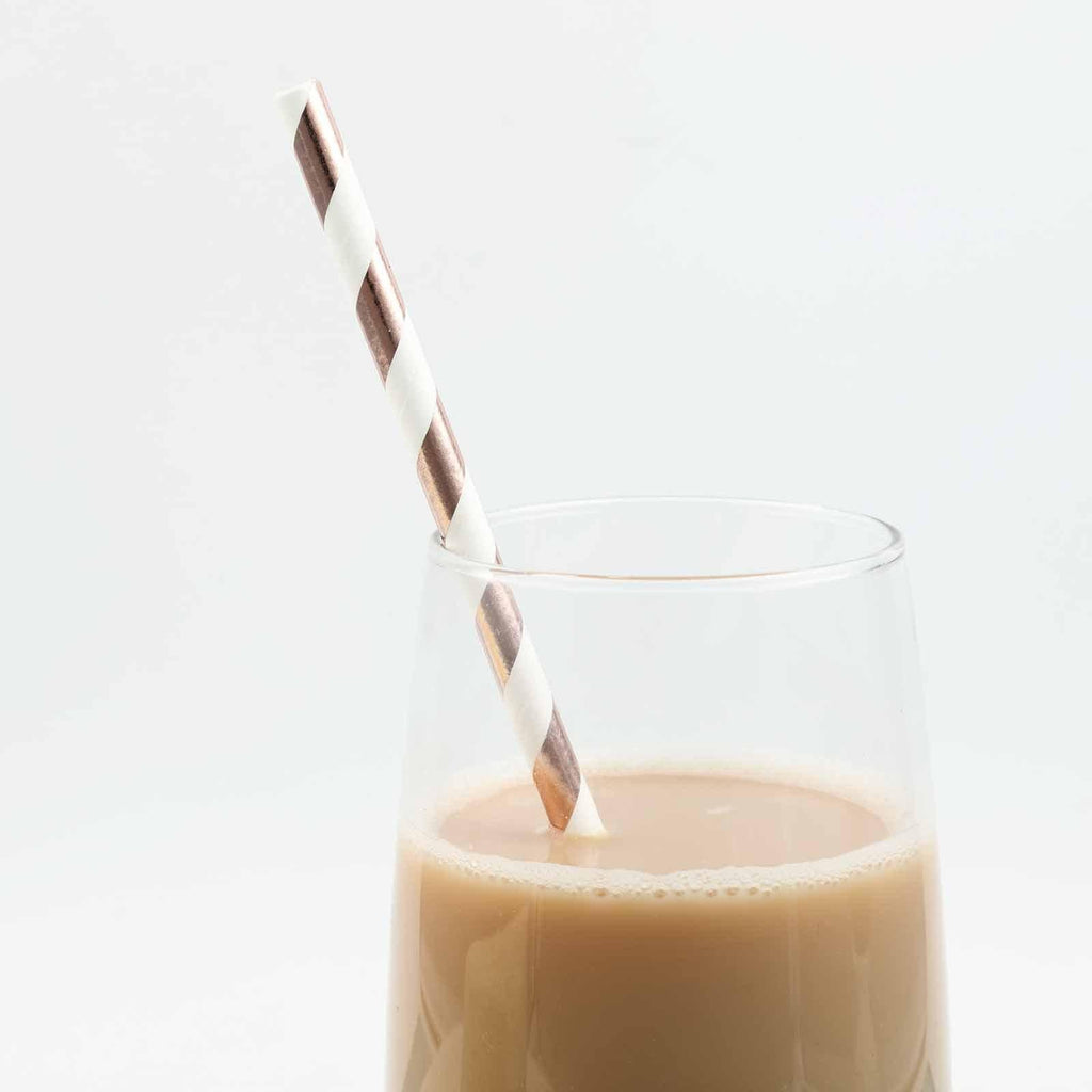 25-Pack Paper Straws White/Rose Gold Striped - Stylish Disposable Straws for Drinks 8"
