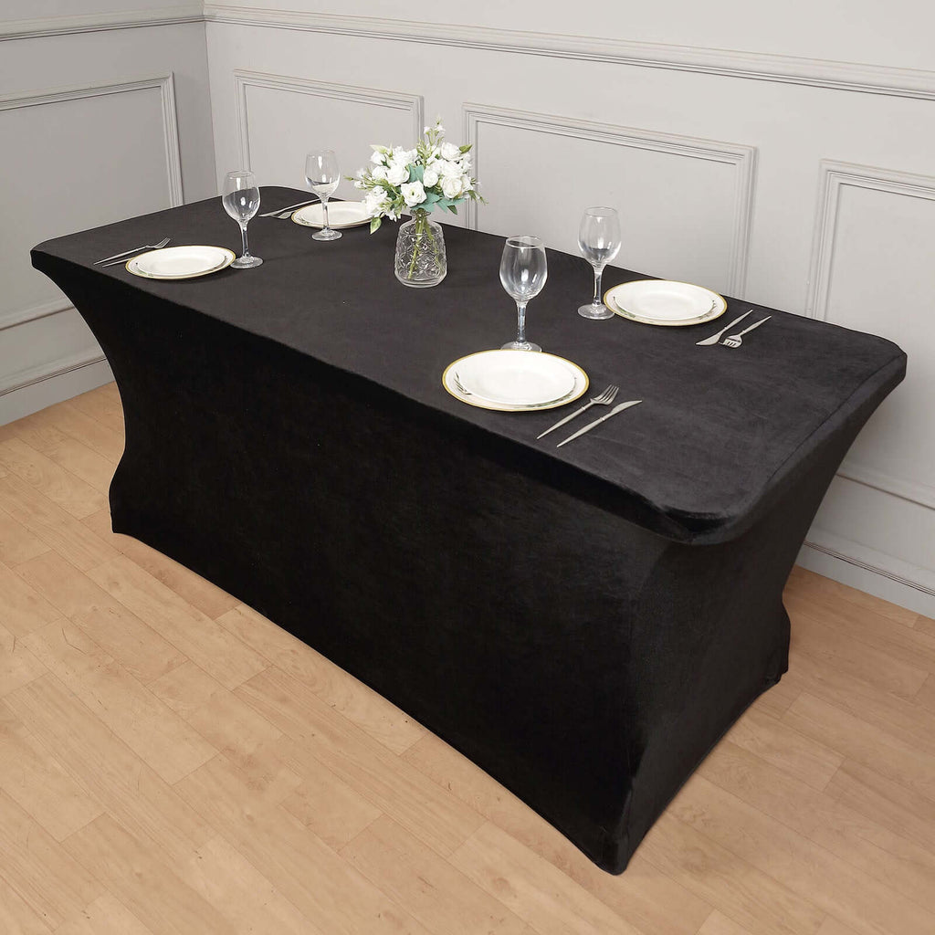 Velvet Spandex 6ft Rectangle Tablecloth Black - Fitted Wrinkle - Free Design for 72"x30" Tables - Bell Racket Store