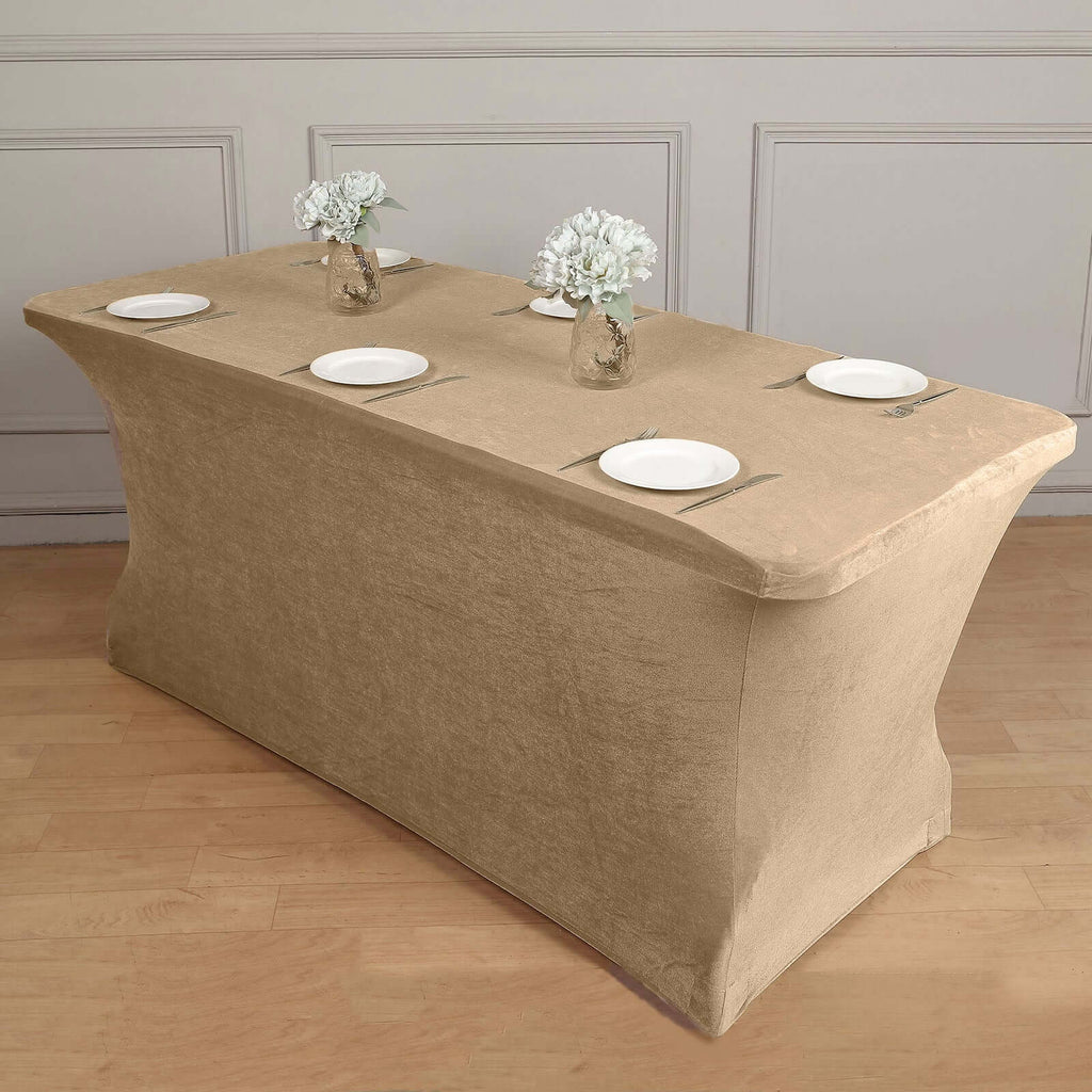 Velvet Spandex 6ft Rectangle Tablecloth Champagne - Fitted Wrinkle - Free Design for 72"x30" Tables - Bell Racket Store