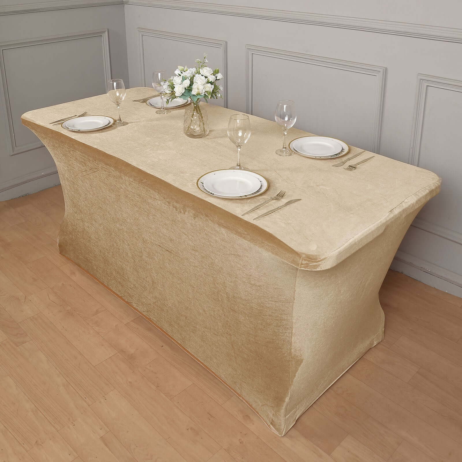Velvet Spandex 6ft Rectangle Tablecloth Champagne - Fitted Wrinkle - Free Design for 72"x30" Tables - Bell Racket Store