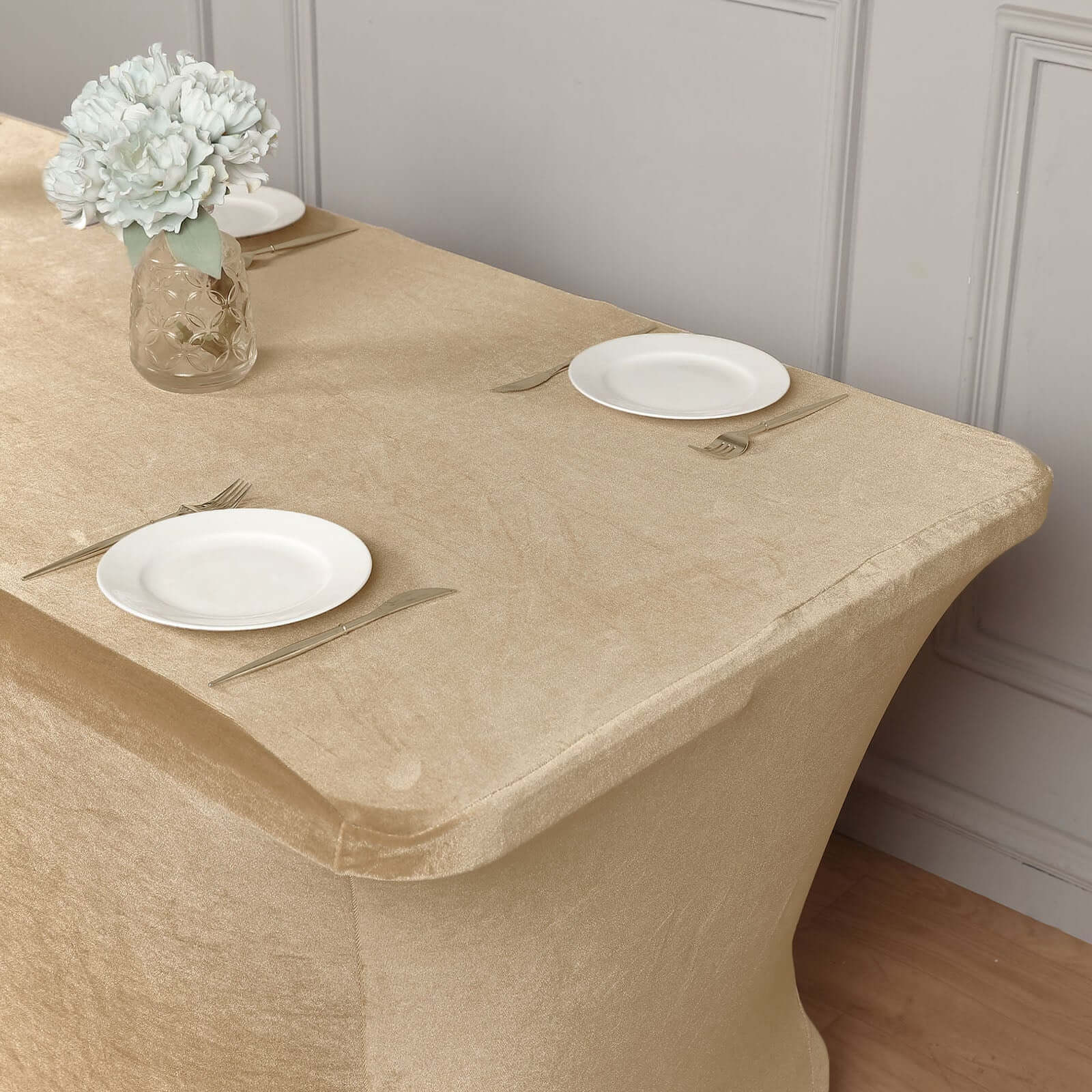 Velvet Spandex 6ft Rectangle Tablecloth Champagne - Fitted Wrinkle - Free Design for 72"x30" Tables - Bell Racket Store