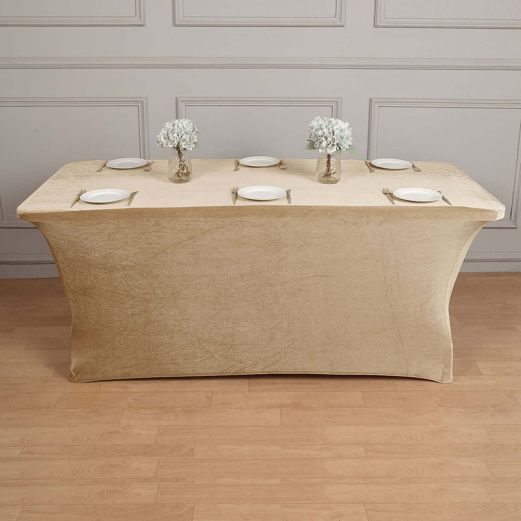 Velvet Spandex 6ft Rectangle Tablecloth Champagne - Fitted Wrinkle - Free Design for 72"x30" Tables - Bell Racket Store