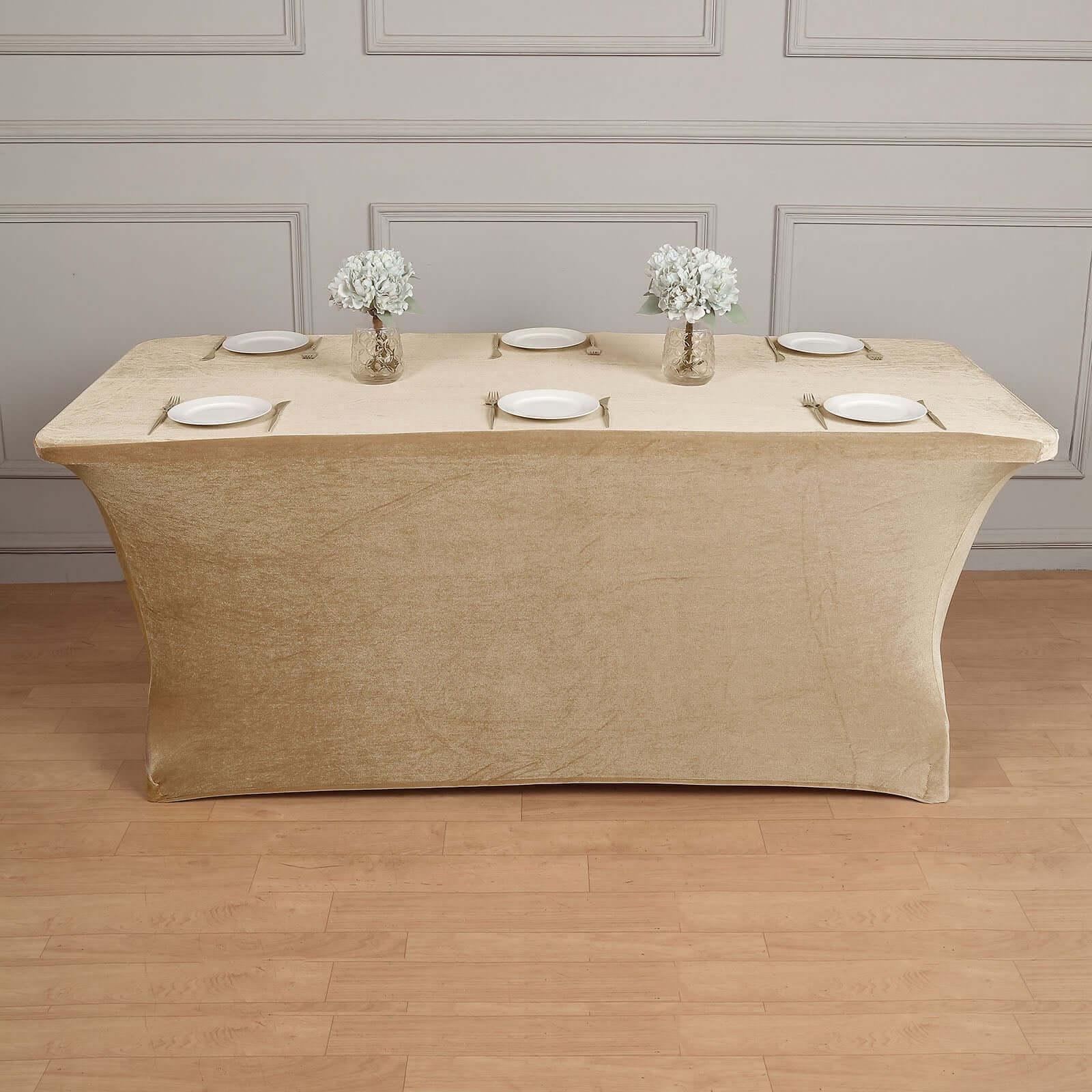 Velvet Spandex 6ft Rectangle Tablecloth Champagne - Fitted Wrinkle - Free Design for 72"x30" Tables - Bell Racket Store