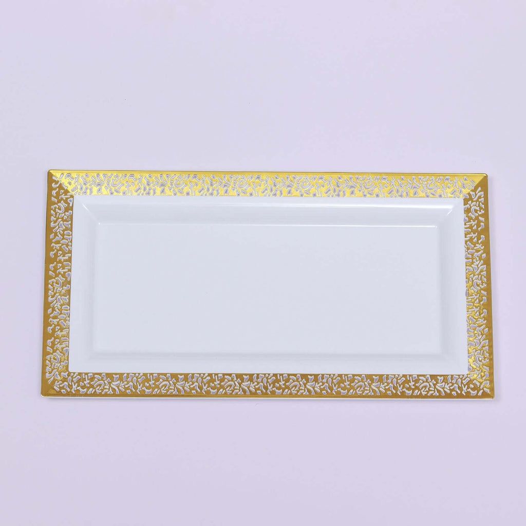 4-Pack Plastic 14" Rectangle Serving Trays White with Gold Lace Rim - Chic Decorative Table Tray Platters for Buffets Banquets Dinner Parties