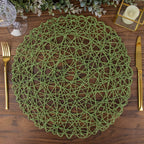 6-Pack Table Placemats Woven Fiber Design Olive Green Round - Disposable Mats for Dining and Events 15"