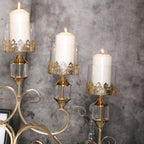 5-Arm Metal Table Candelabra Antique Gold Crown Top Design - Stylish Horizontal Table Centerpiece with Glass Votive Holders 18"