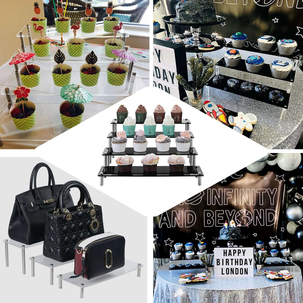 Set of 4 Premium Acrylic Dessert Display Stands Clear - Sleek Multi Level Buffet Riser Serving Tray Platter for Cupcakes Pastries & Appetizers