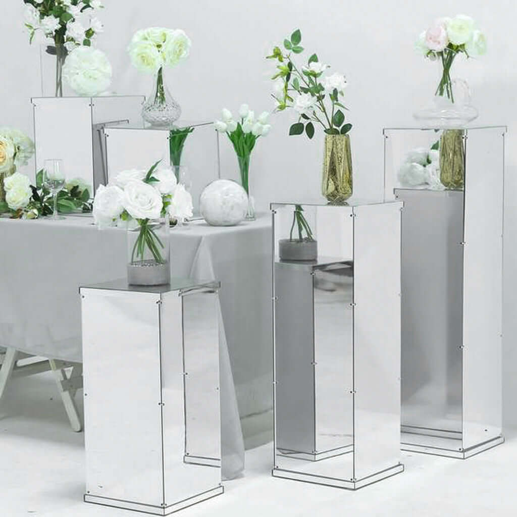Set of 5 Silver Mirror Finish Acrylic Display Boxes, Pedestal Risers with Interchangeable Lid and Base - 12",16",24",32",40"