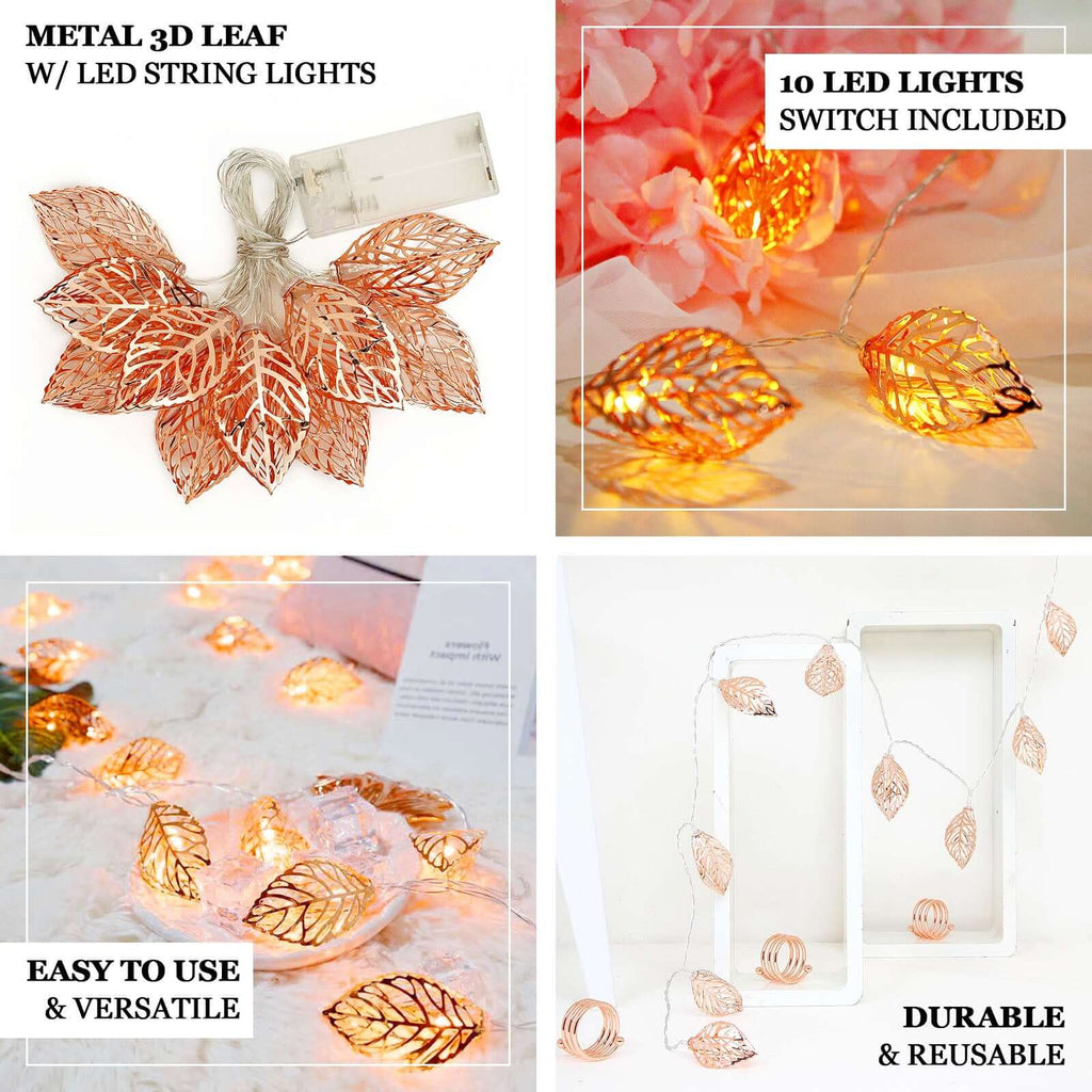 10 LED Fairy String Light Garland Rose Gold Leaves Design Warm White - Battery Operated Party Lights 5ft