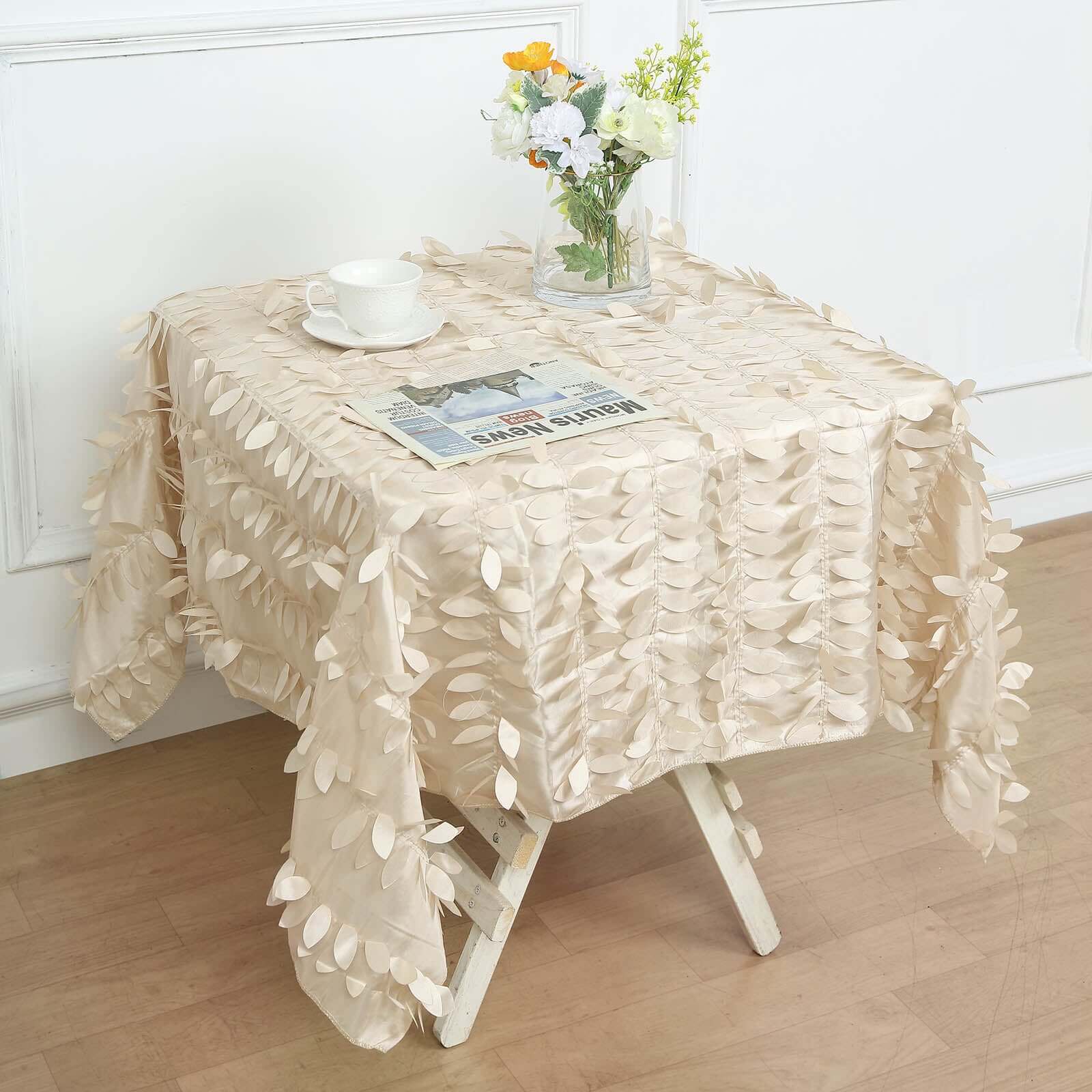 Taffeta 54"x54" Square Tablecloth Beige 3D Leaf Petal Table Cover