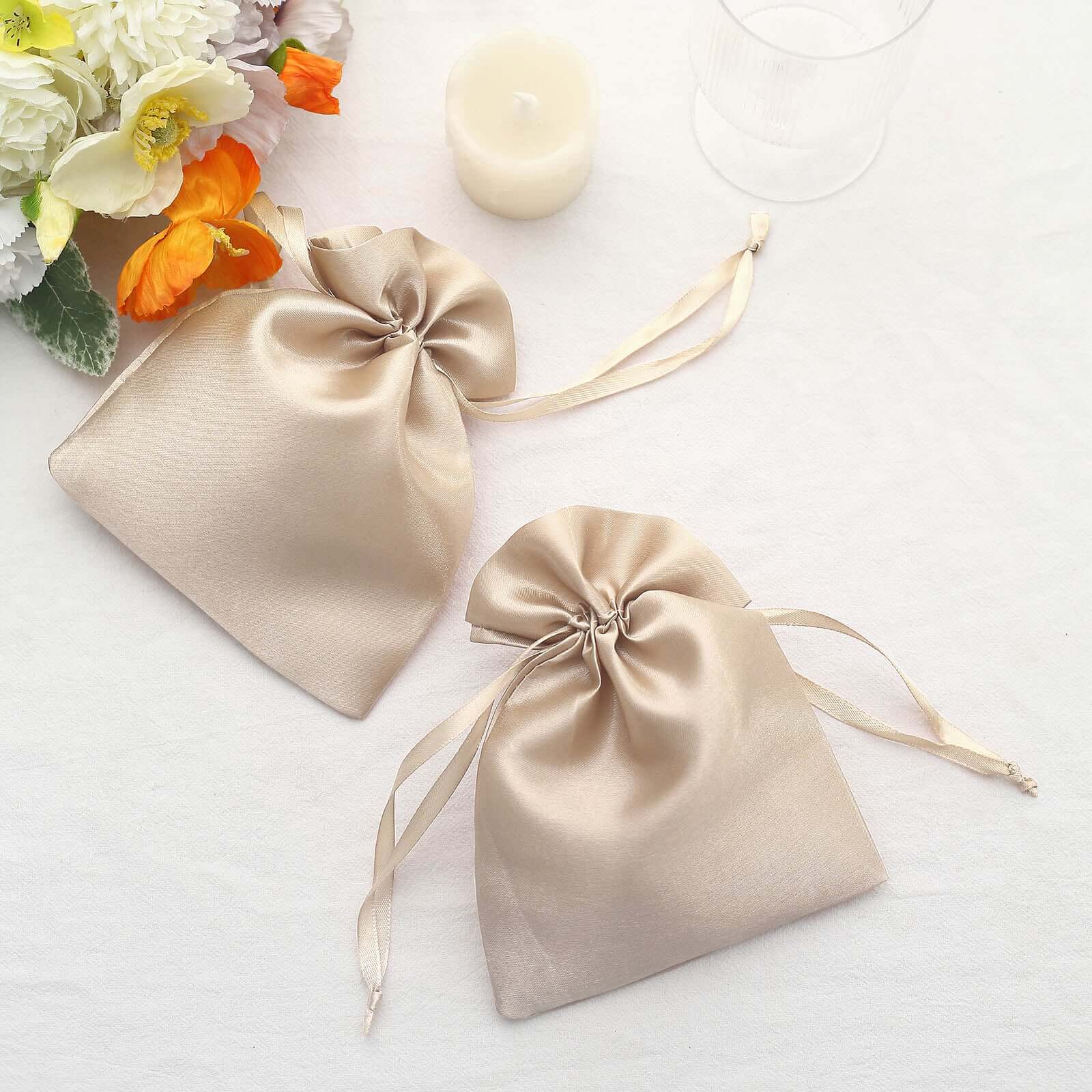 12 Pack 5"x7" Beige Satin Drawstring Wedding Party Favor Gift Bags