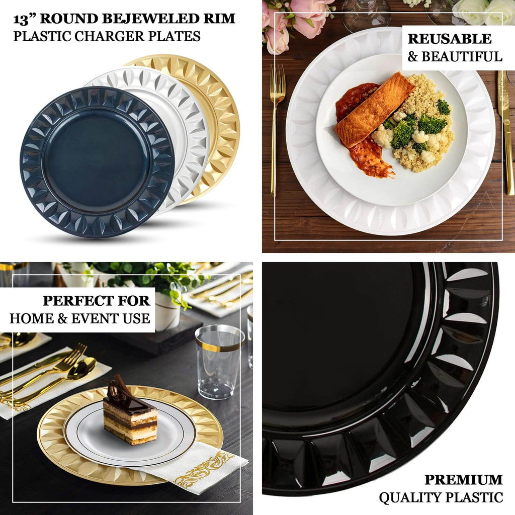 6-Pack Plastic Round Charger Plates 13" in Black with Bejeweled Rim, Luxe Decorative Dinner Party Charger Tableware