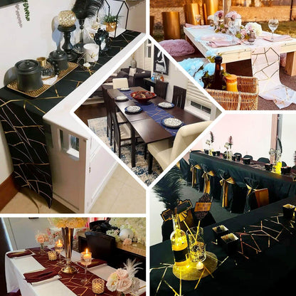 Polyester 9ft Table Runner Black with Gold Foil Modern Geometric Accent