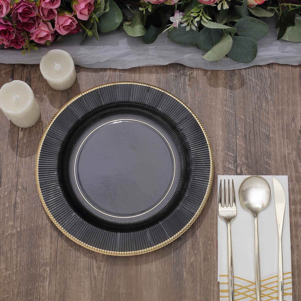 25-Pack Paper 10" Round Dinner Plates in Black Sunray Design with Gold Rim - Disposable Heavy Duty 350GSM Party Plates for Banquets & Celebrations