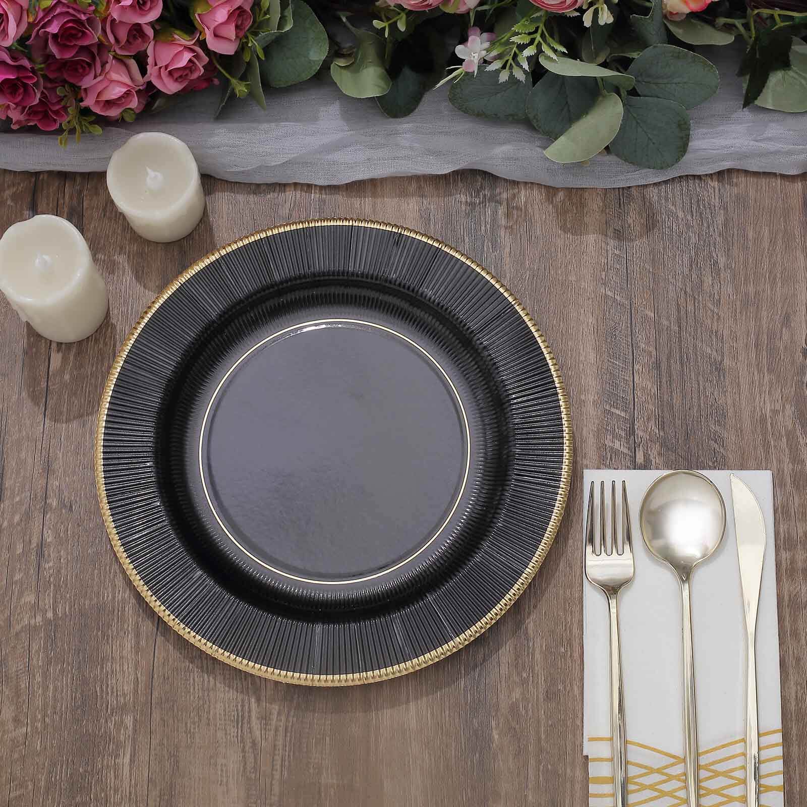 25-Pack Paper 10" Round Dinner Plates in Black Sunray Design with Gold Rim - Disposable Heavy Duty 350GSM Party Plates for Banquets & Celebrations