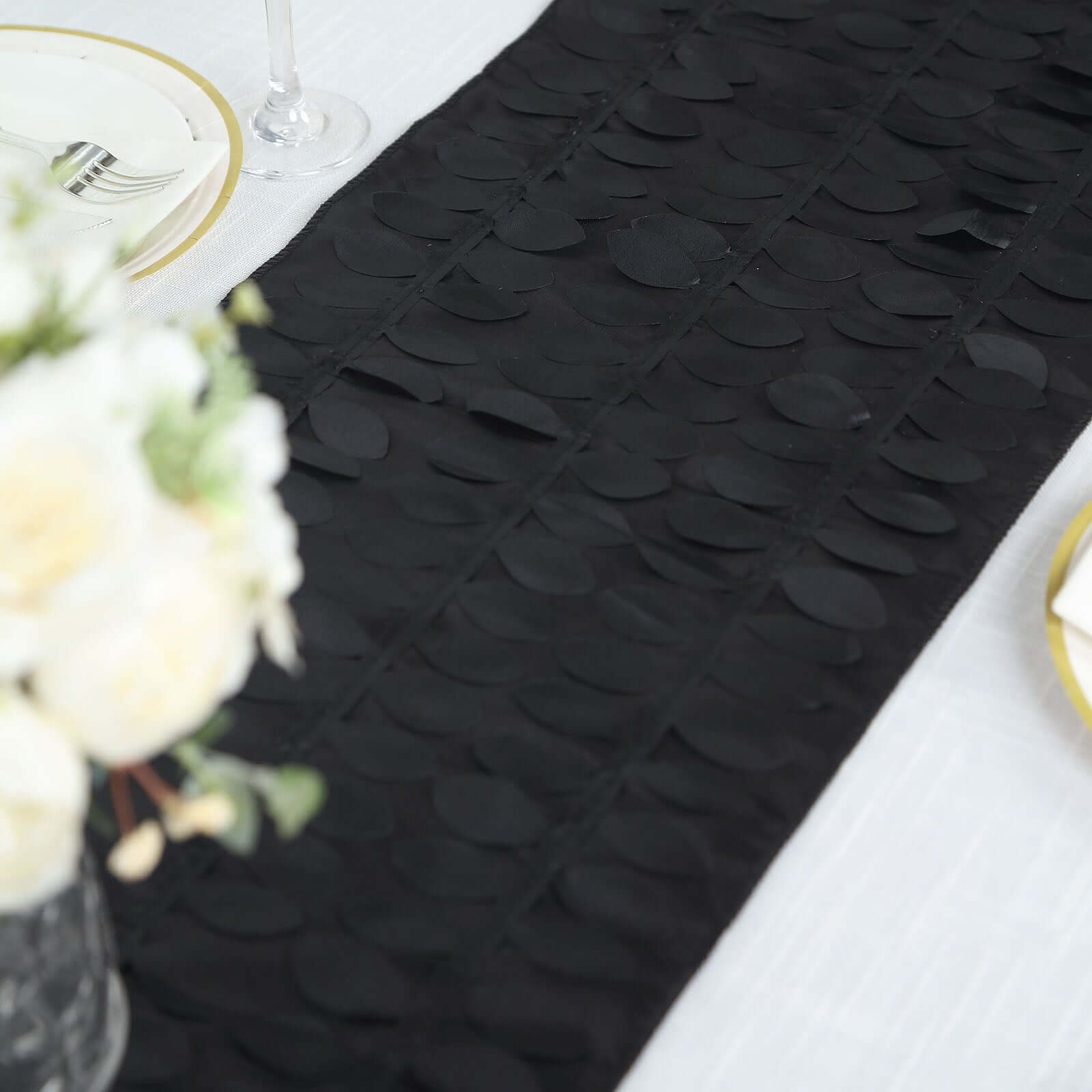Taffeta Fabric 12"x108" Table Runner Black - 3D Leaf Petal Design