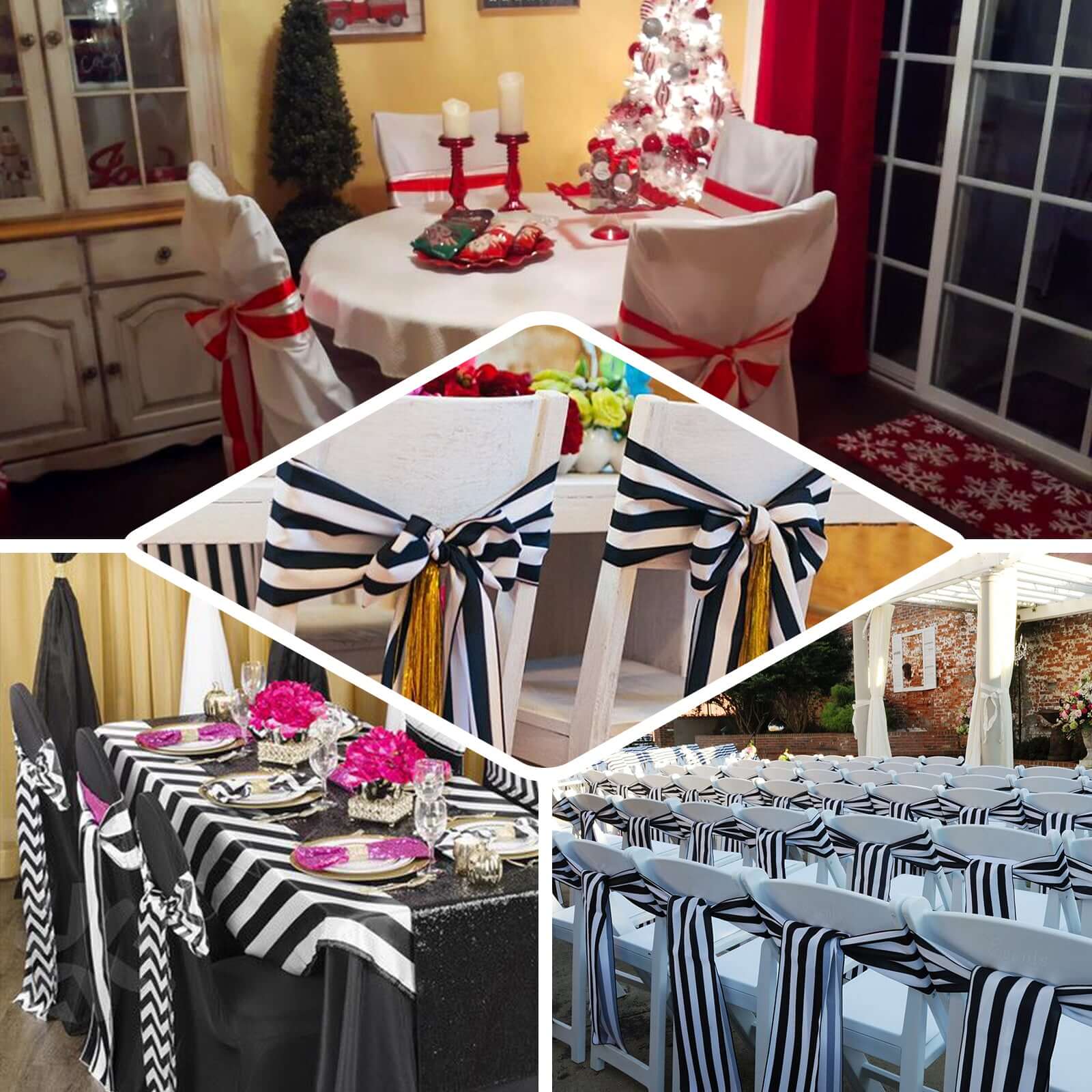 5 Pack Satin 6"x108" Chair Sashes Black/White Stripes - Sophisticated Decor for Weddings & Gatherings