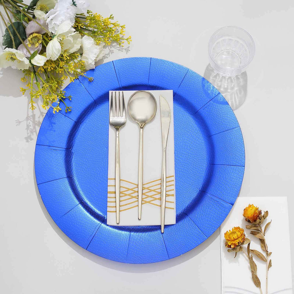 10-Pack Disposable Round Charger Plates in Royal Blue with Leathery Texture - Durable 1100GSM Cardboard Placemats 13"